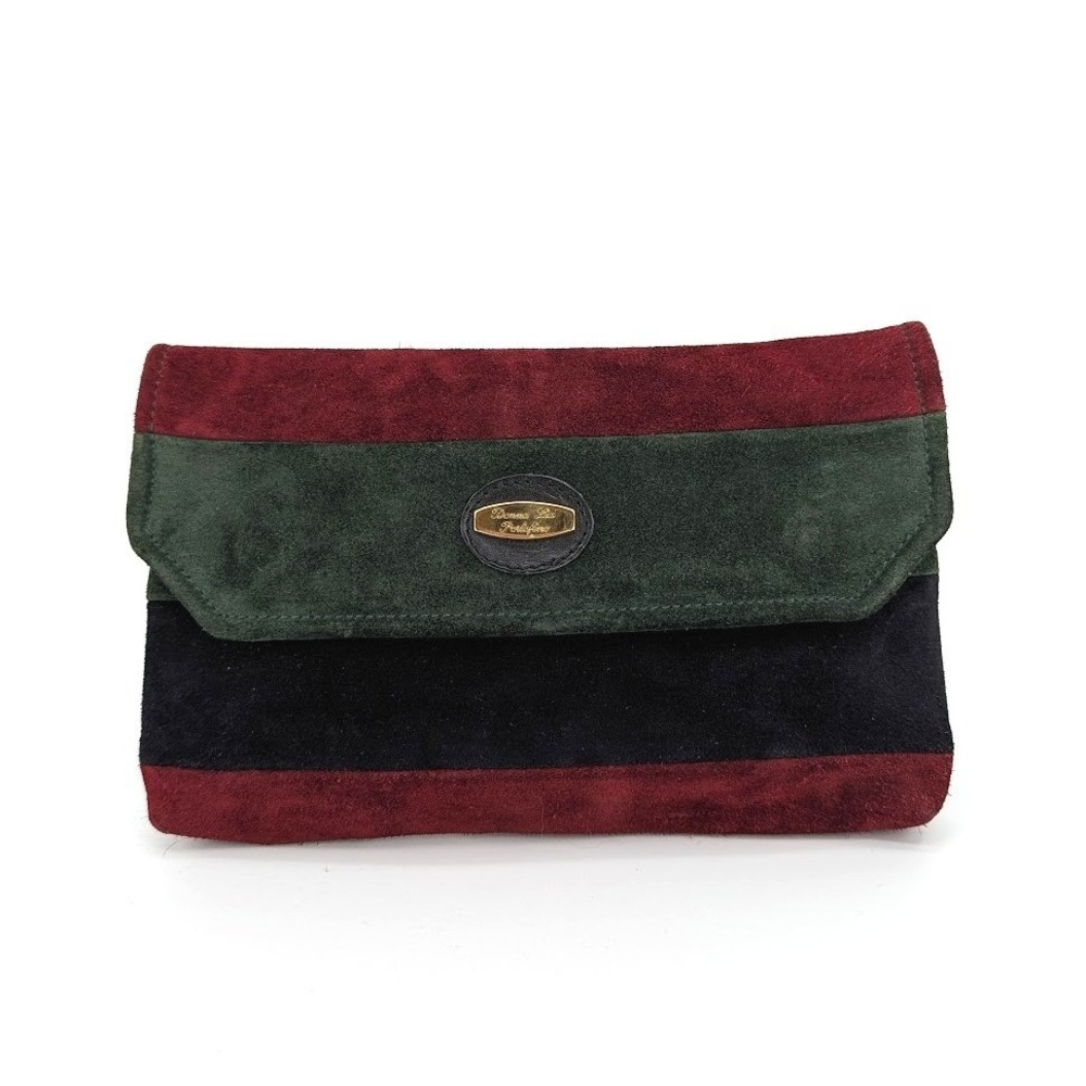 Vintage Suede Colorblock Clutch in Burgundy, Forest Green & Black - Picture 2 of 10